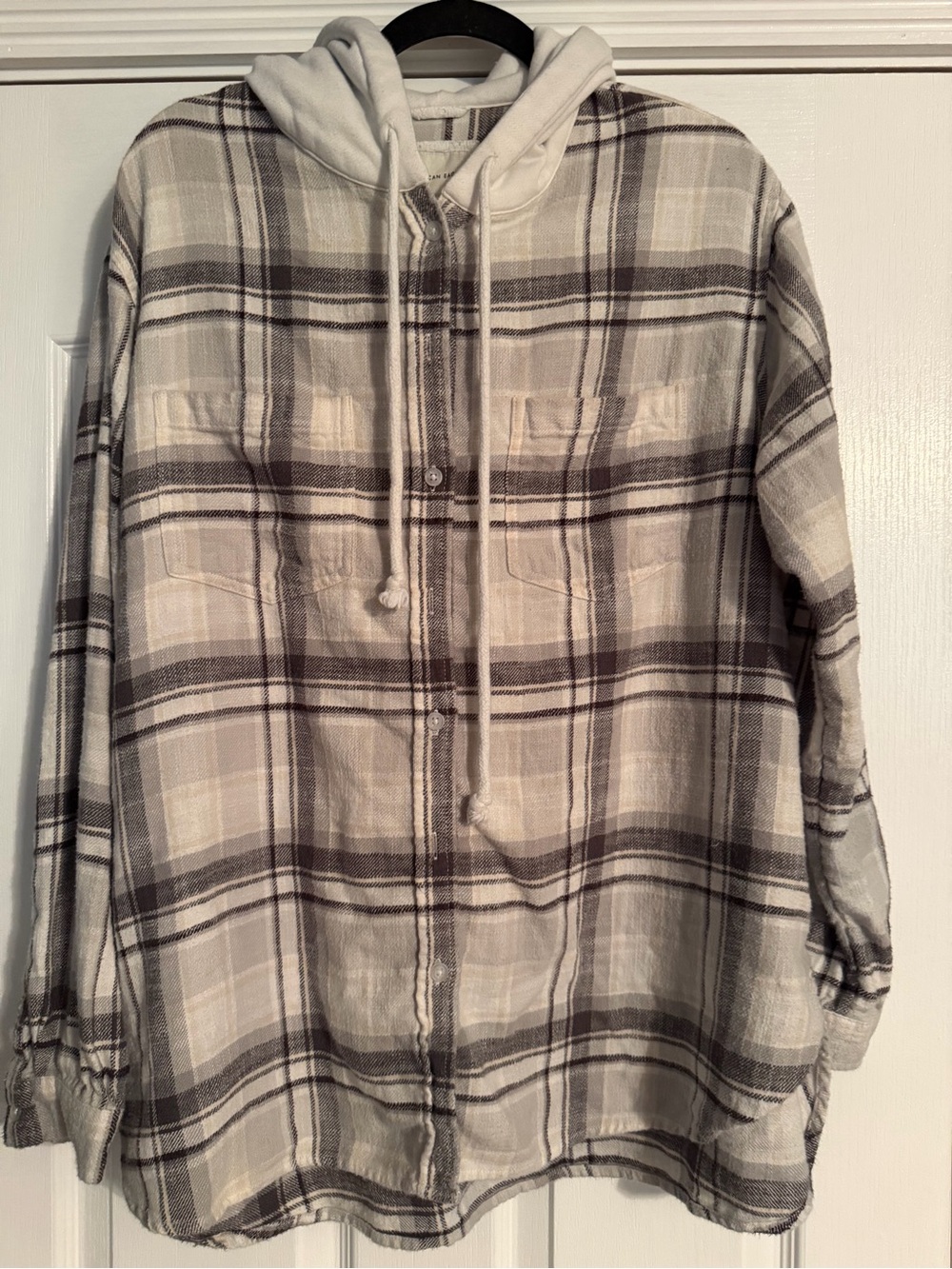American Eagle Outfitters Cream & Gray Plaid Hooded Button-Down Shirt